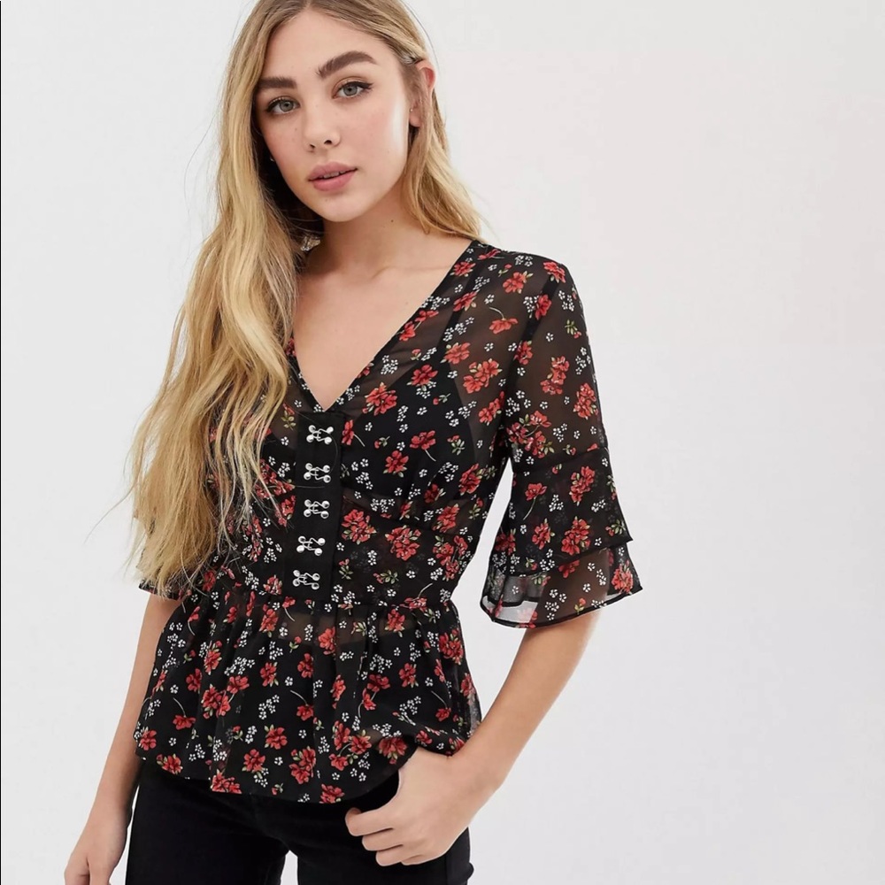 Floral print blouse, red and black